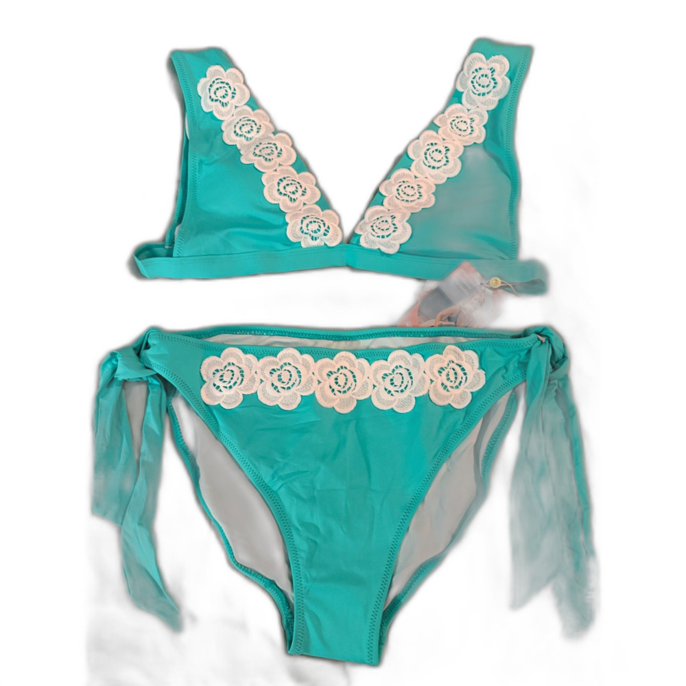 196.As Rose Rich Aqua Floral Appliqué Bikini Set Women's Medium NWT Tie Side